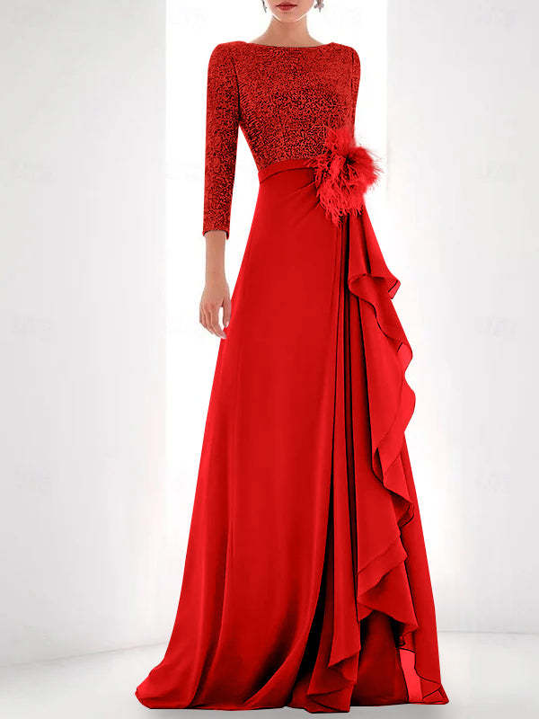 Asymmetrical A-Line Princess Jewel Neck Gown with Long Sleeves Sequin Feather and Pearl Details