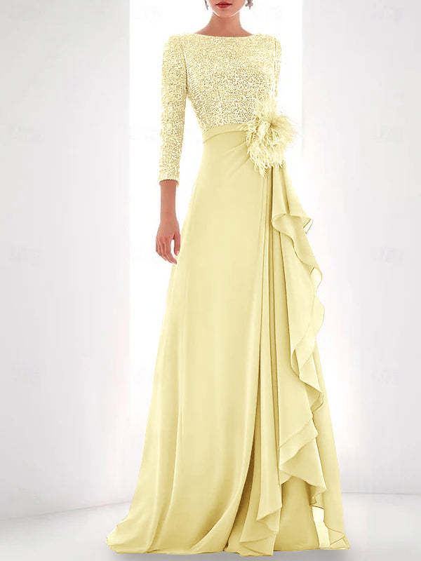 Asymmetrical A-Line Princess Jewel Neck Gown with Long Sleeves Sequin Feather and Pearl Details