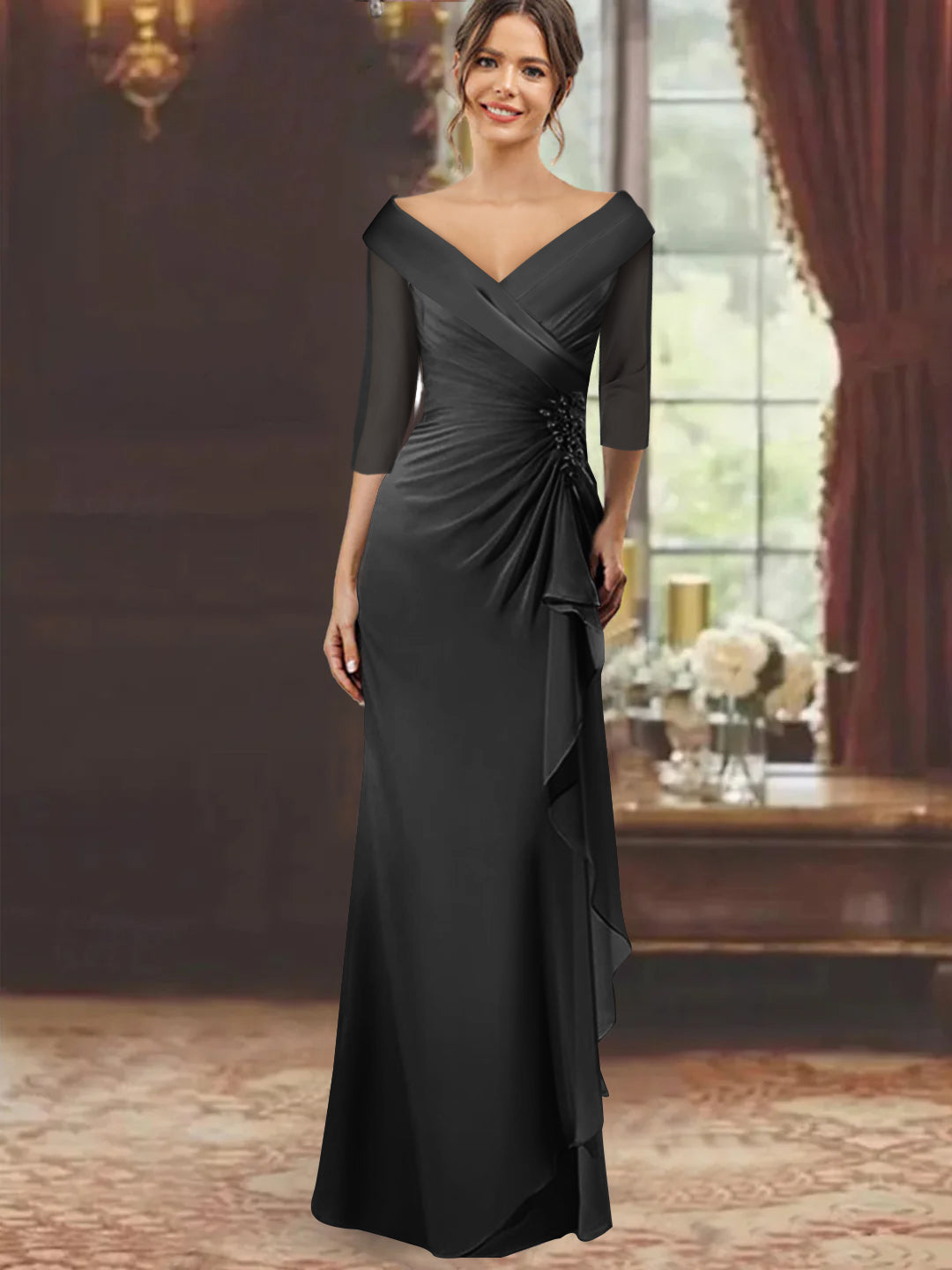 V-Neck Floor-Length Mother of the Bride Dress with Ruffles and Appliques Half Sleeves