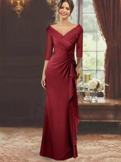 V-Neck Floor-Length Mother of the Bride Dress with Ruffles and Appliques Half Sleeves
