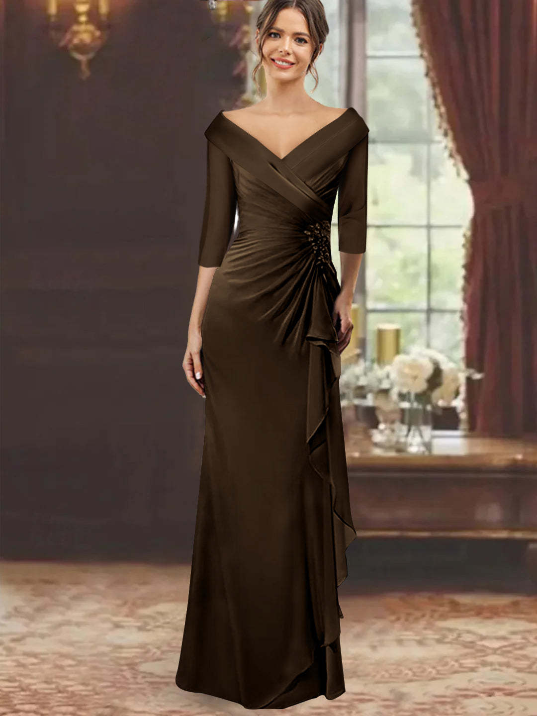 V-Neck Floor-Length Mother of the Bride Dress with Ruffles and Appliques Half Sleeves