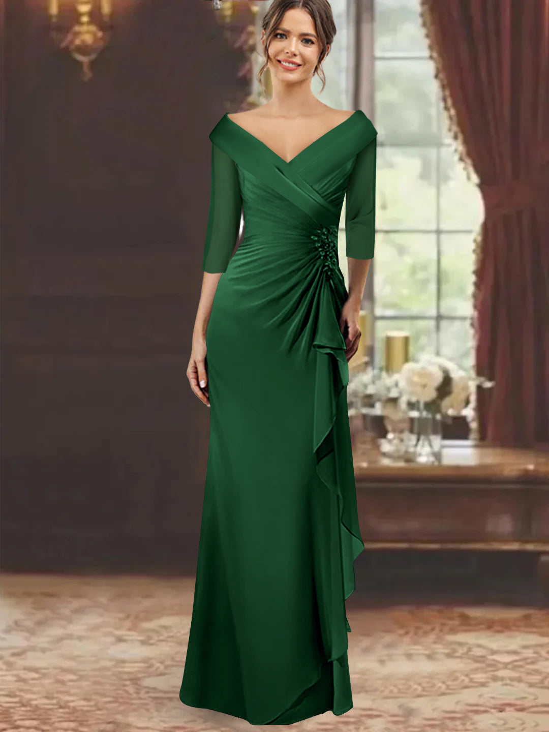V-Neck Floor-Length Mother of the Bride Dress with Ruffles and Appliques Half Sleeves