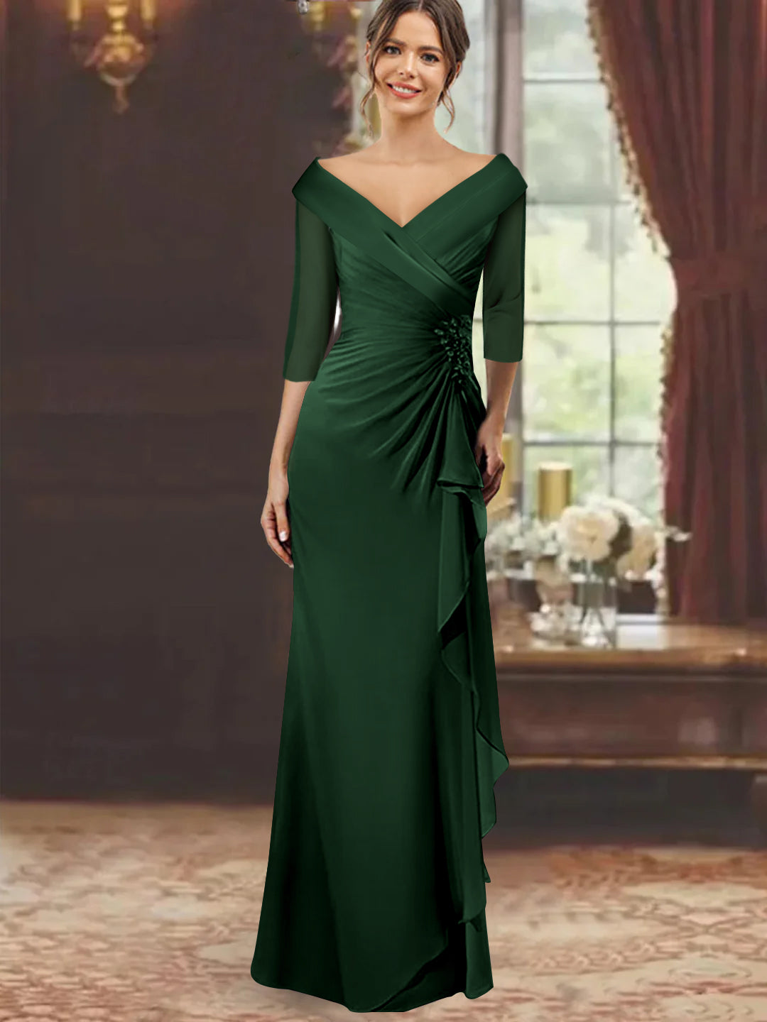 V-Neck Floor-Length Mother of the Bride Dress with Ruffles and Appliques Half Sleeves