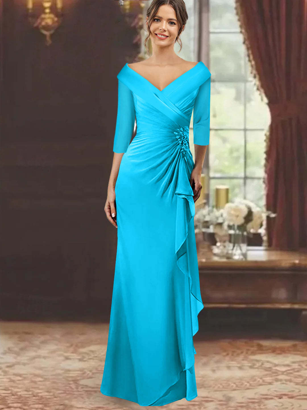 V-Neck Floor-Length Mother of the Bride Dress with Ruffles and Appliques Half Sleeves