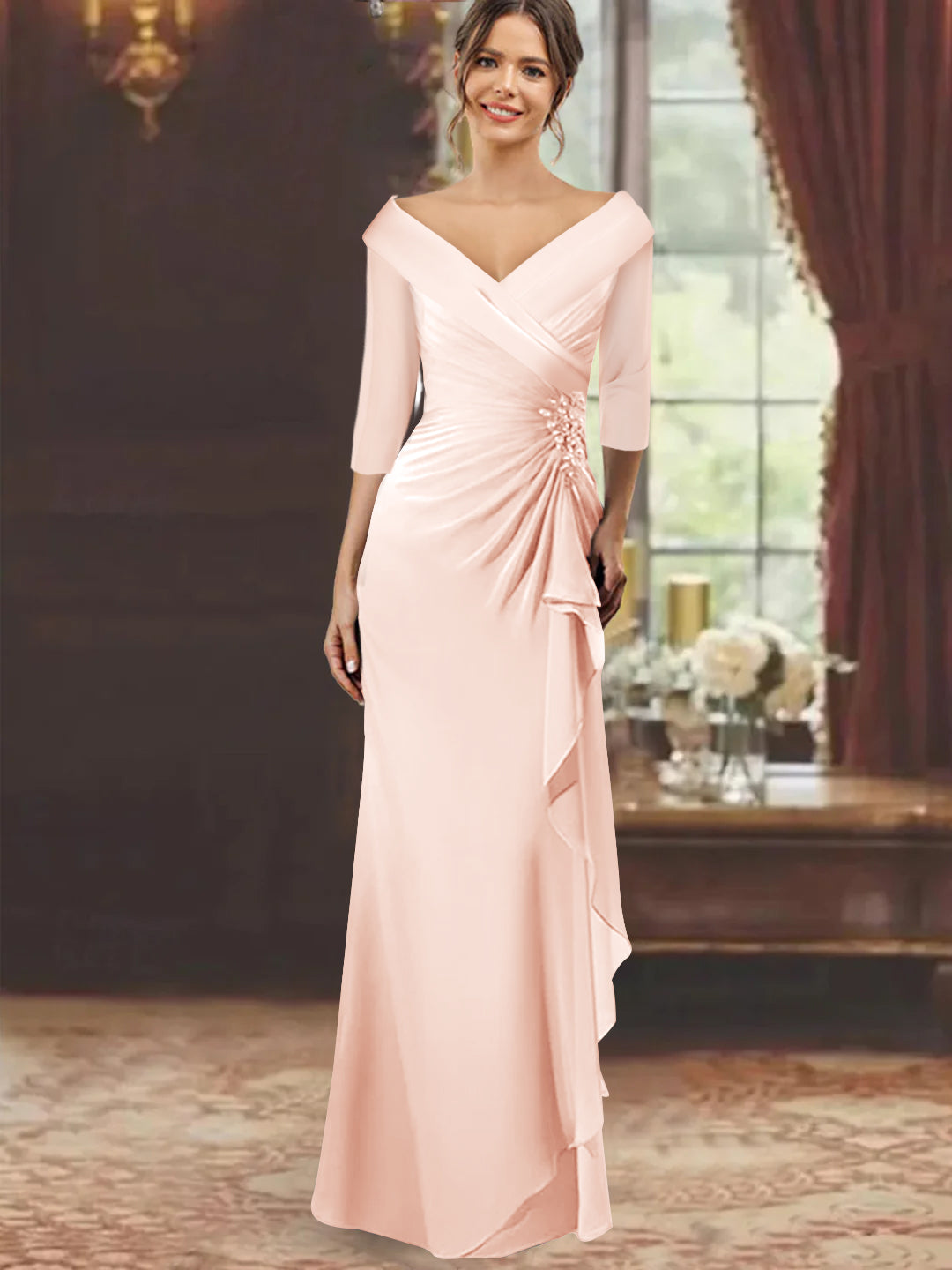 V-Neck Floor-Length Mother of the Bride Dress with Ruffles and Appliques Half Sleeves