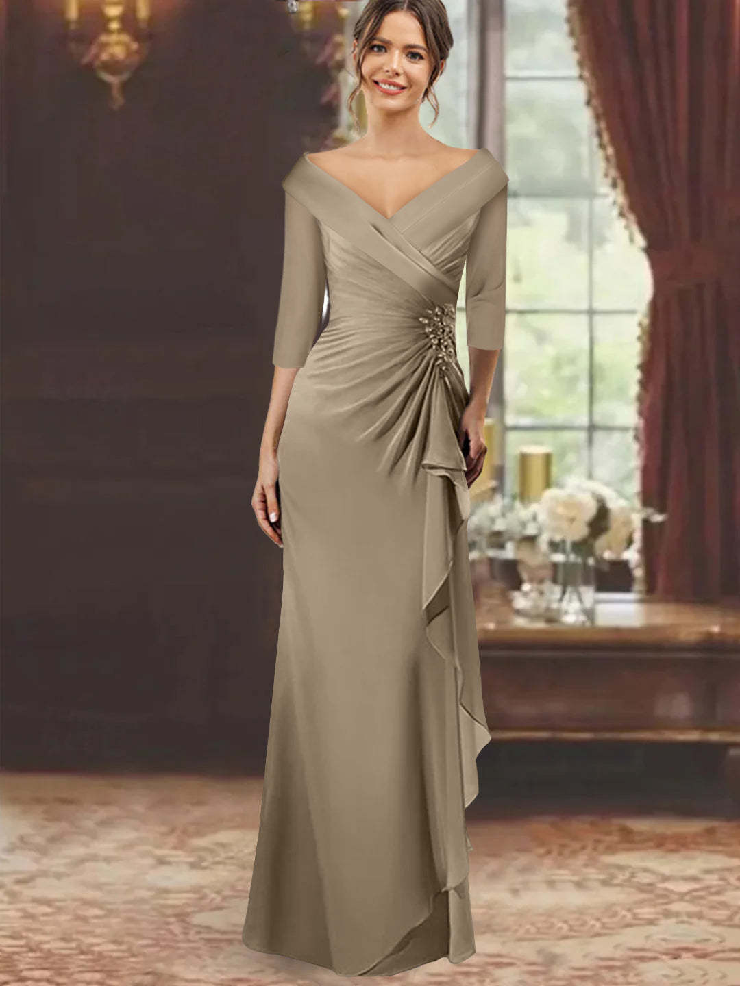 V-Neck Floor-Length Mother of the Bride Dress with Ruffles and Appliques Half Sleeves