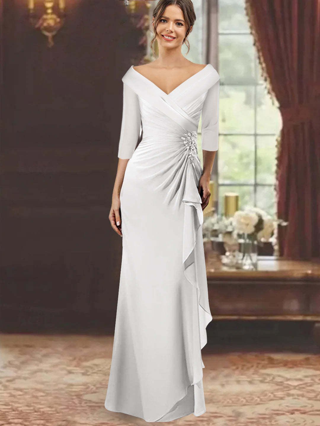 V-Neck Floor-Length Mother of the Bride Dress with Ruffles and Appliques Half Sleeves