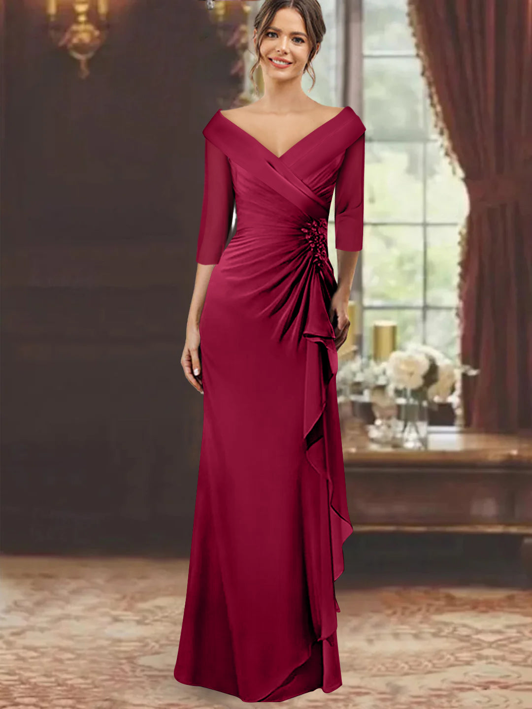 V-Neck Floor-Length Mother of the Bride Dress with Ruffles and Appliques Half Sleeves