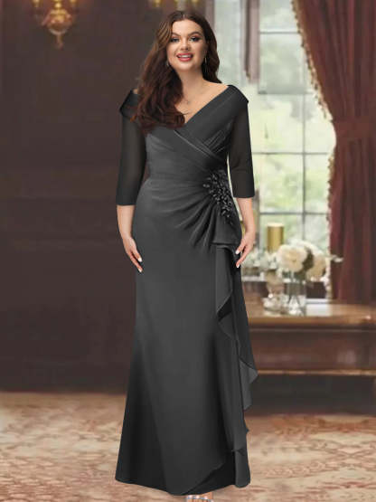 Plus Size Floor-Length V-Neck Sheath Mother of the Bride Dress with Ruffles and Appliques
