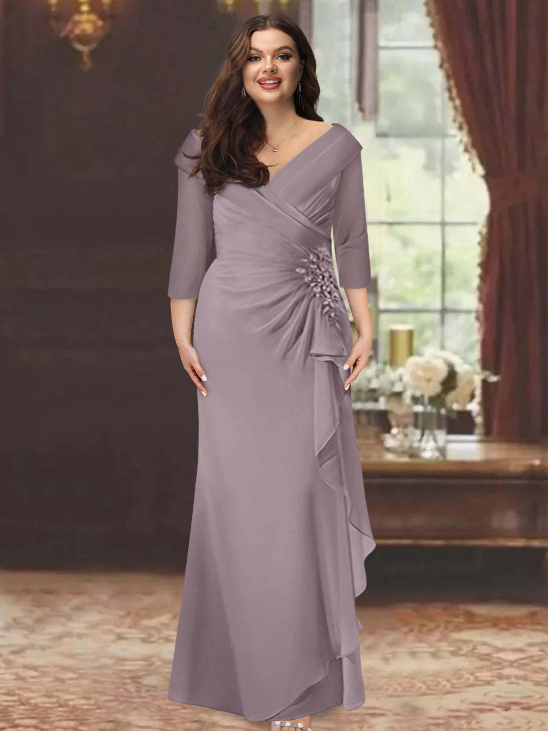 Plus Size Floor-Length V-Neck Sheath Mother of the Bride Dress with Ruffles and Appliques