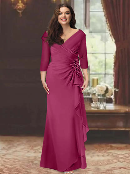 Plus Size Floor-Length V-Neck Sheath Mother of the Bride Dress with Ruffles and Appliques