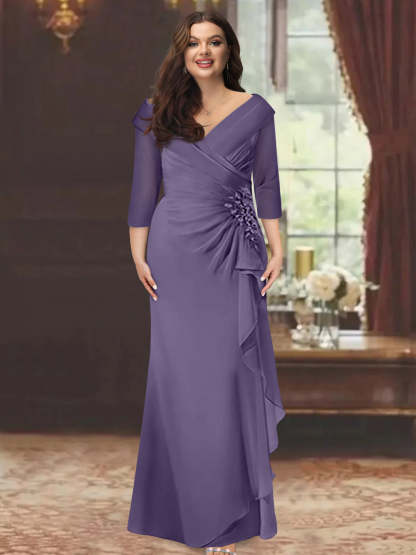 Plus Size Floor-Length V-Neck Sheath Mother of the Bride Dress with Ruffles and Appliques