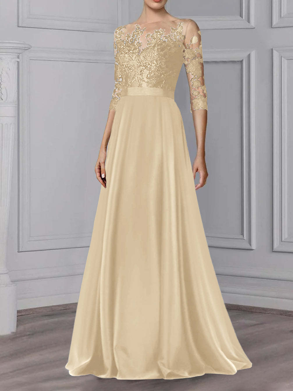 Floor-Length Mother of the Bride A-Line Dress with Jewel Neck and 3/4 Sleeves