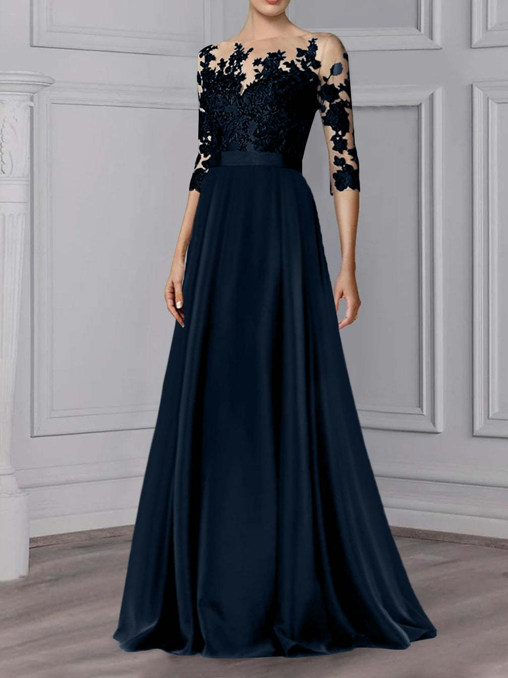 Floor-Length Mother of the Bride A-Line Dress with Jewel Neck and 3/4 Sleeves