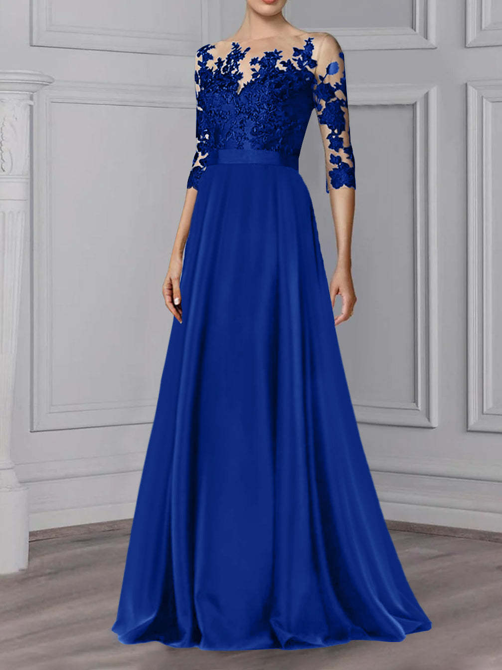 Floor-Length Mother of the Bride A-Line Dress with Jewel Neck and 3/4 Sleeves