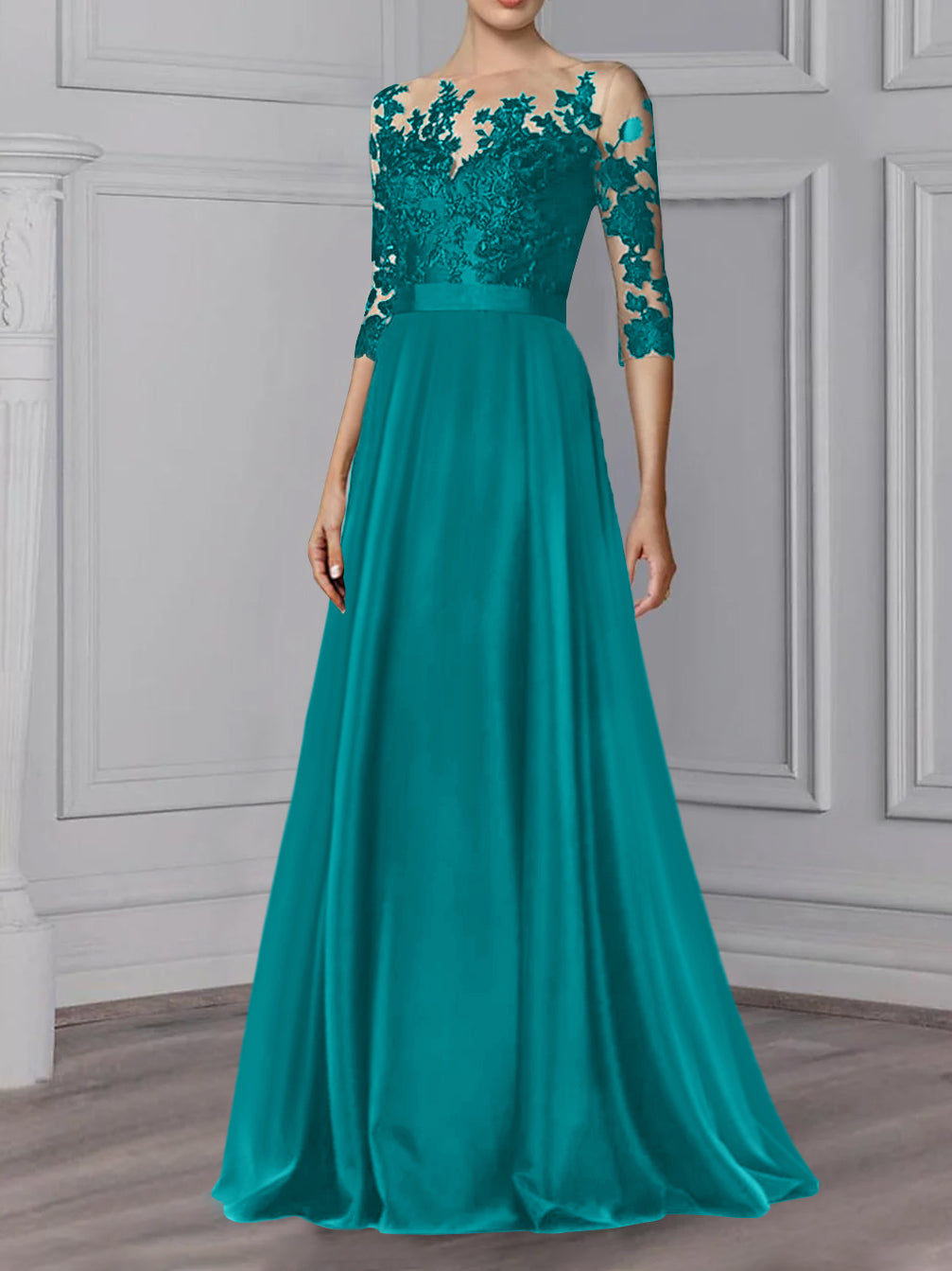 Floor-Length Mother of the Bride A-Line Dress with Jewel Neck and 3/4 Sleeves