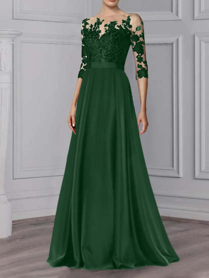 Floor-Length Mother of the Bride A-Line Dress with Jewel Neck and 3/4 Sleeves