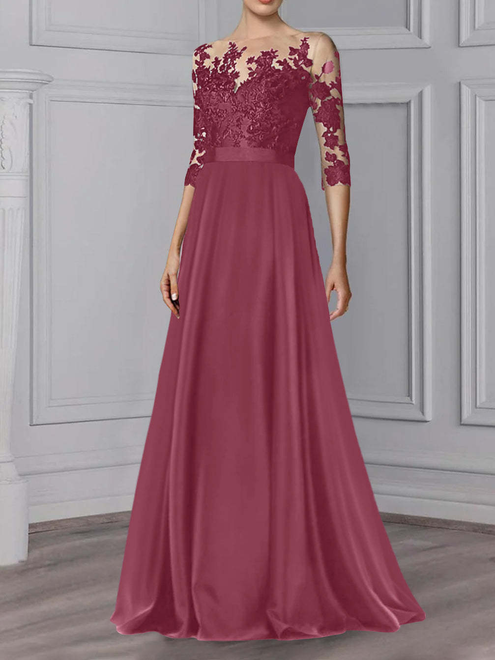 Floor-Length Mother of the Bride A-Line Dress with Jewel Neck and 3/4 Sleeves