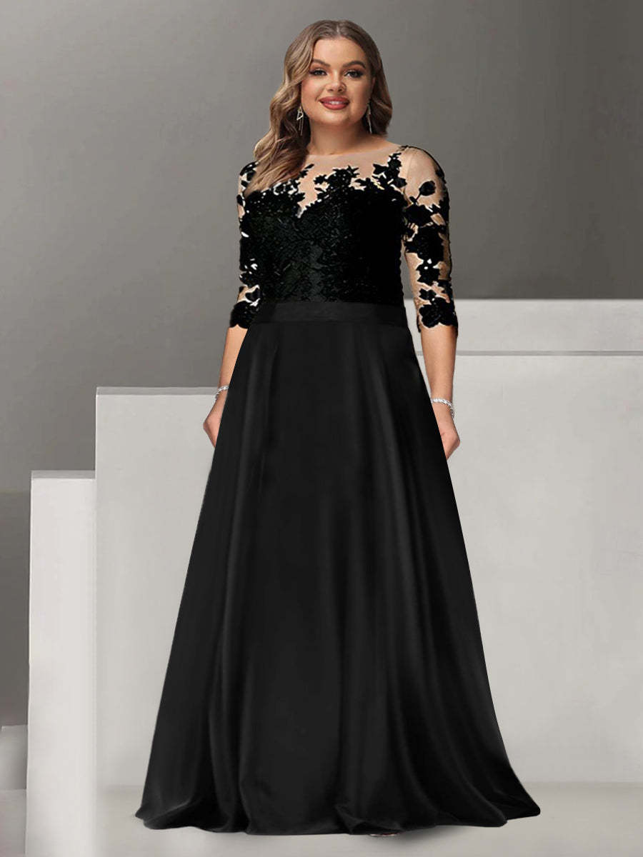 Floor-Length Mother of the Bride A-Line Dress with Jewel Neck and 3/4 Sleeves