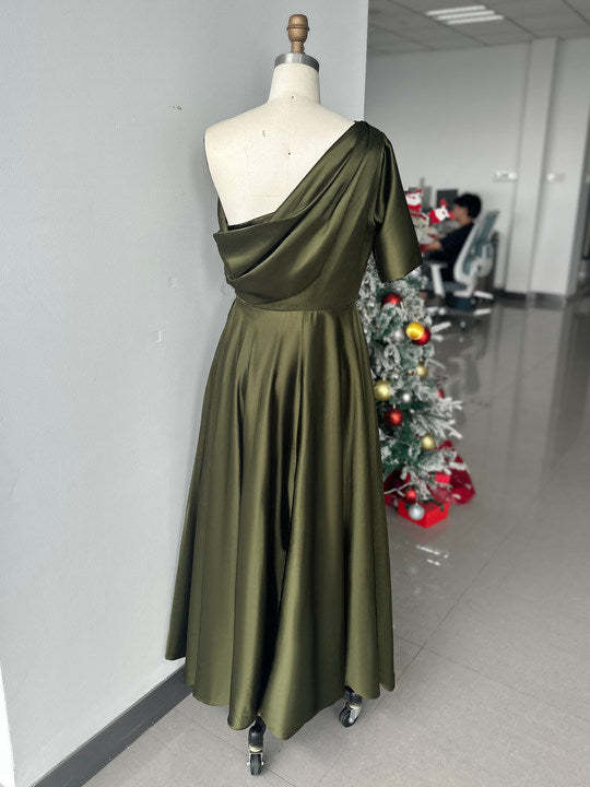 Plus Size A-Line Princess Ankle-Length One-Shoulder Mother of the Bride Dress with Ruffles and Half Sleeves