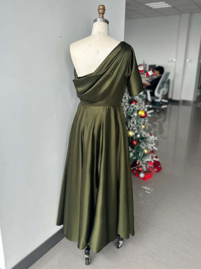 Plus Size A-Line Princess Ankle-Length One-Shoulder Mother of the Bride Dress with Ruffles and Half Sleeves