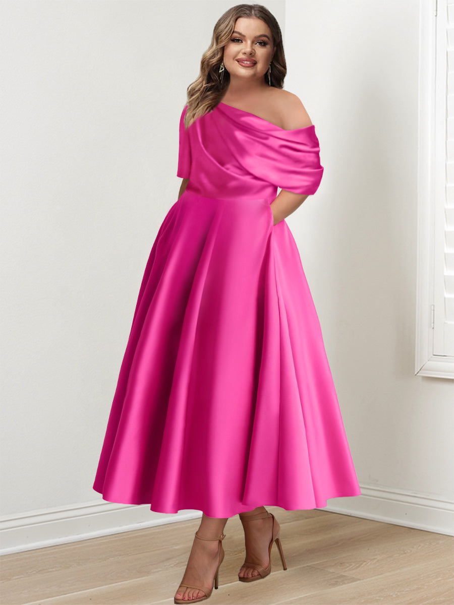 Plus Size A-Line Princess Ankle-Length One-Shoulder Mother of the Bride Dress with Ruffles and Half Sleeves