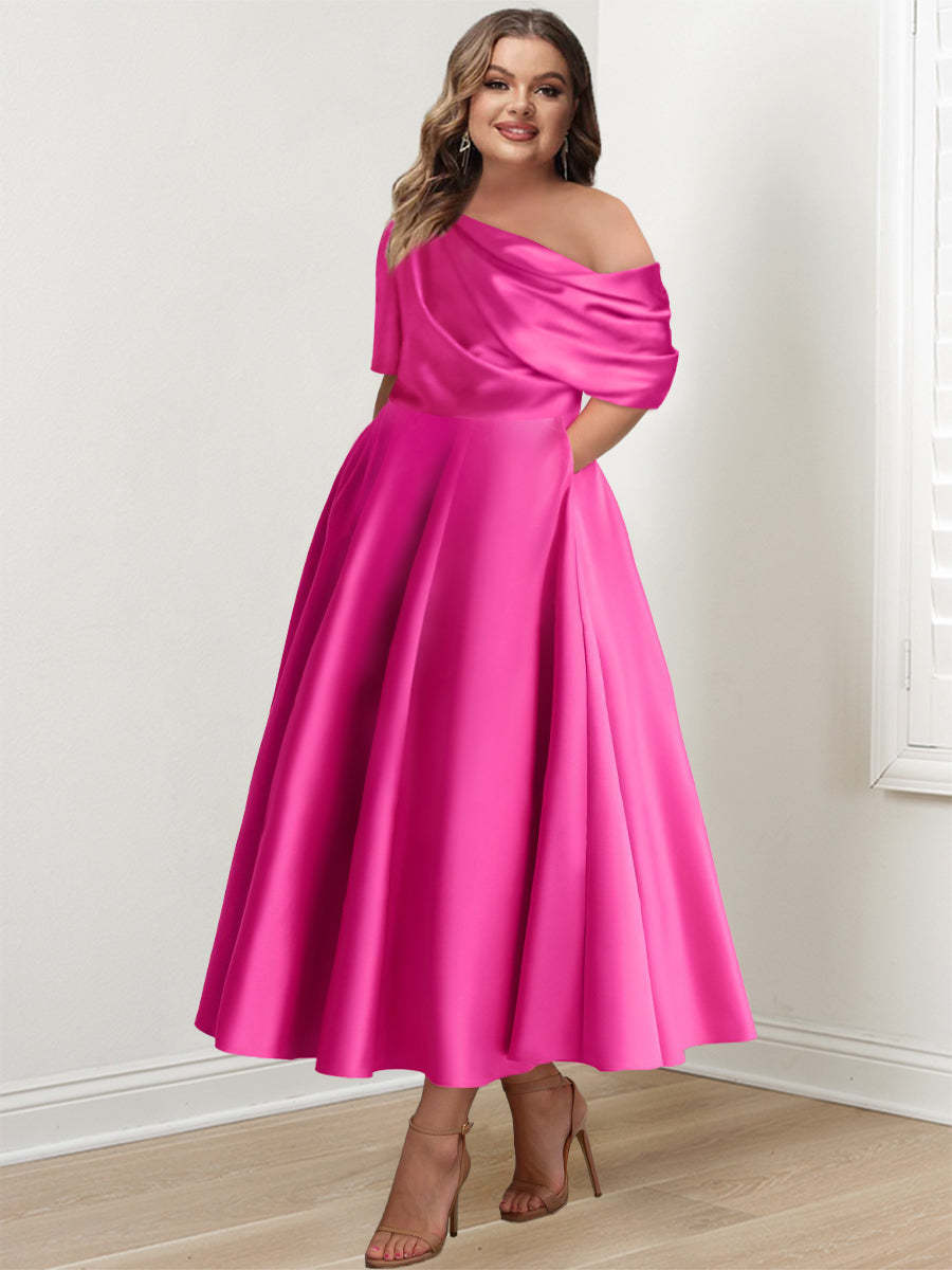 Plus Size A-Line Princess Ankle-Length One-Shoulder Mother of the Bride Dress with Ruffles and Half Sleeves