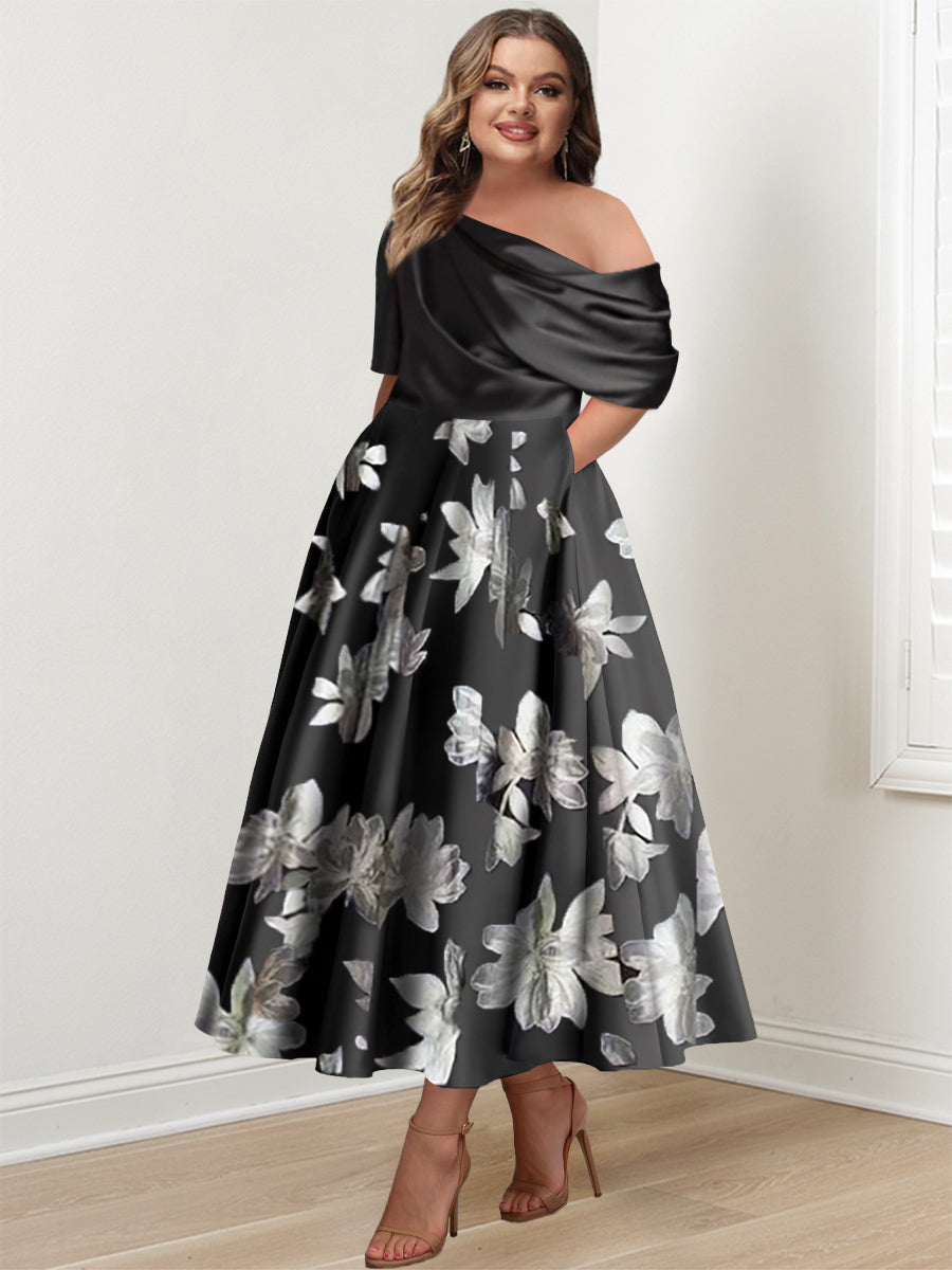 Printed Flower Plus Size Mother of the Bride A-Line Princess One-Shoulder Dress