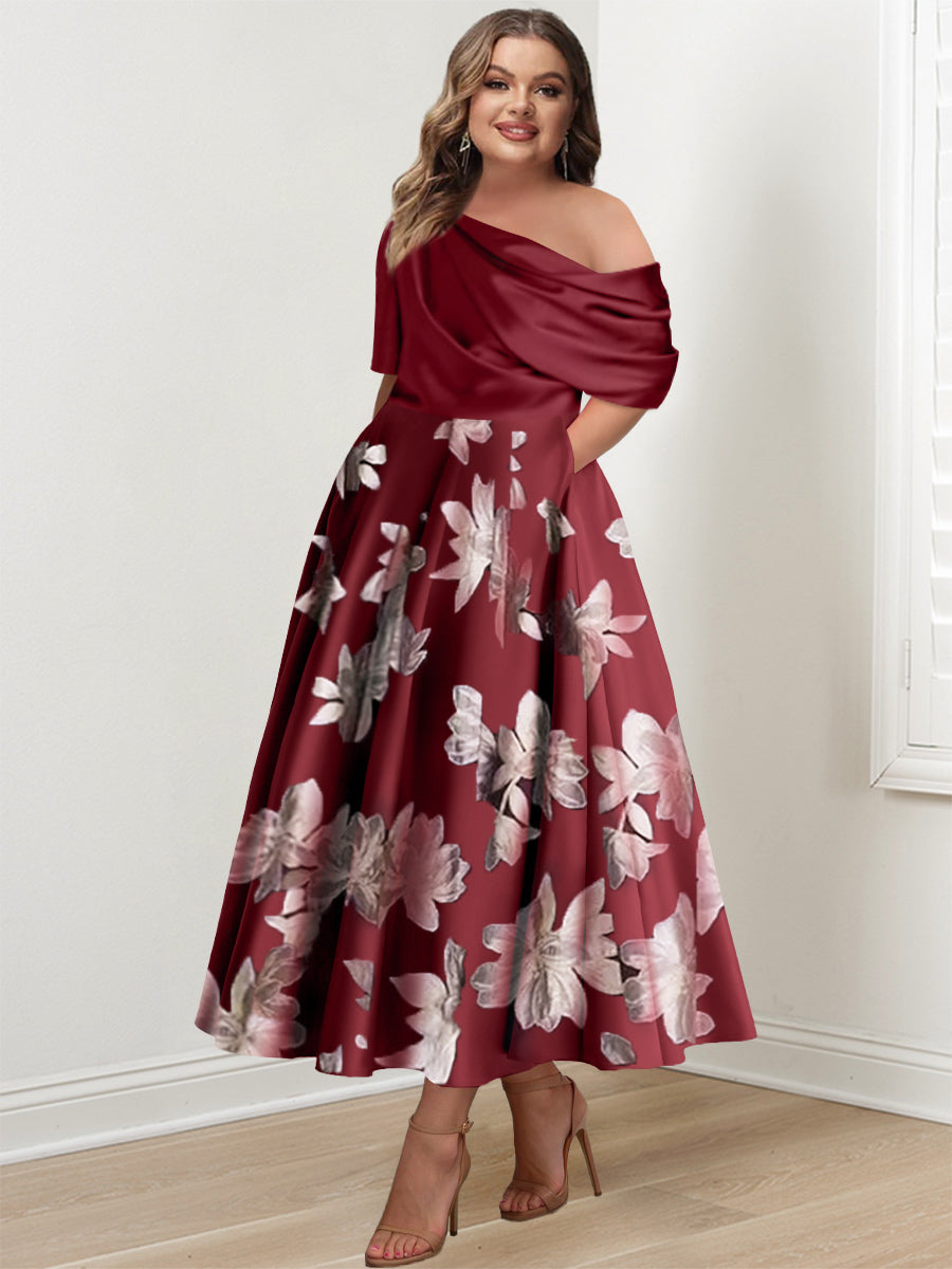 Printed Flower Plus Size Mother of the Bride A-Line Princess One-Shoulder Dress