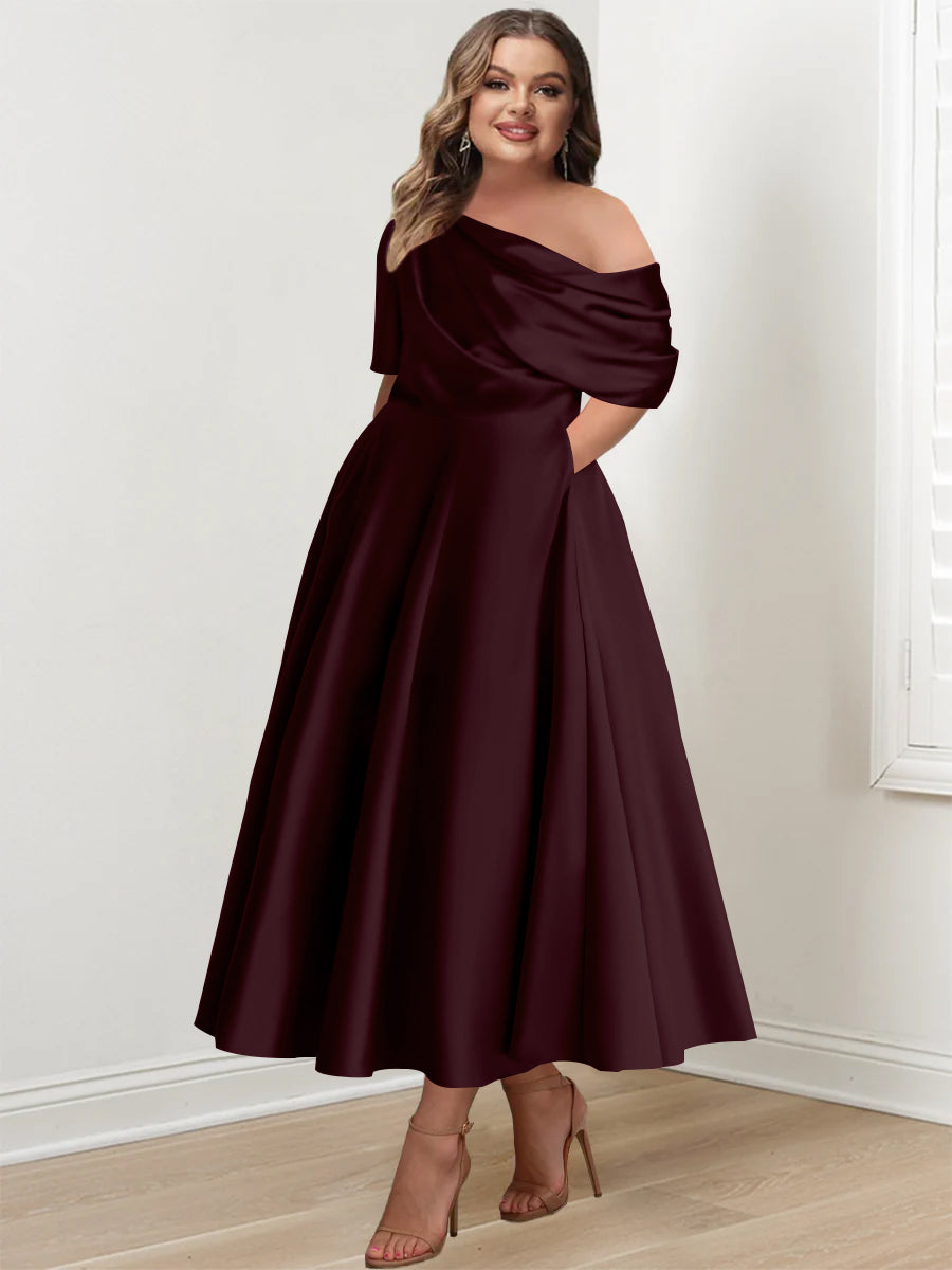 Plus Size A-Line Princess Ankle-Length One-Shoulder Mother of the Bride Dress with Ruffles and Half Sleeves