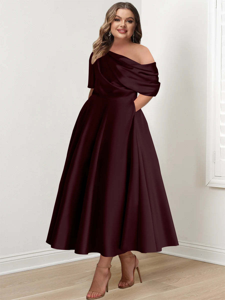 Plus Size A-Line Princess Ankle-Length One-Shoulder Mother of the Bride Dress with Ruffles and Half Sleeves