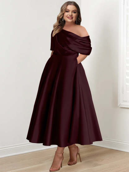 Plus Size A-Line Princess Ankle-Length One-Shoulder Mother of the Bride Dress with Ruffles and Half Sleeves