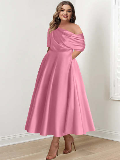 Plus Size A-Line Princess Ankle-Length One-Shoulder Mother of the Bride Dress with Ruffles and Half Sleeves
