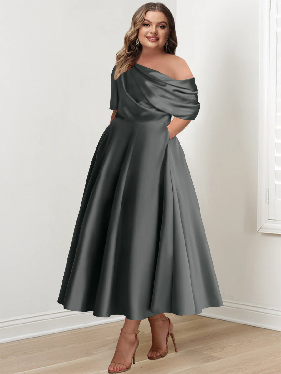 Plus Size A-Line Princess Ankle-Length One-Shoulder Mother of the Bride Dress with Ruffles and Half Sleeves