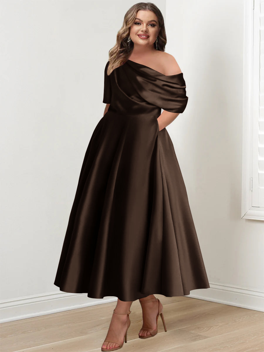 Plus Size A-Line Princess Ankle-Length One-Shoulder Mother of the Bride Dress with Ruffles and Half Sleeves