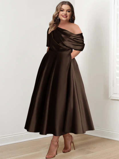 Plus Size A-Line Princess Ankle-Length One-Shoulder Mother of the Bride Dress with Ruffles and Half Sleeves