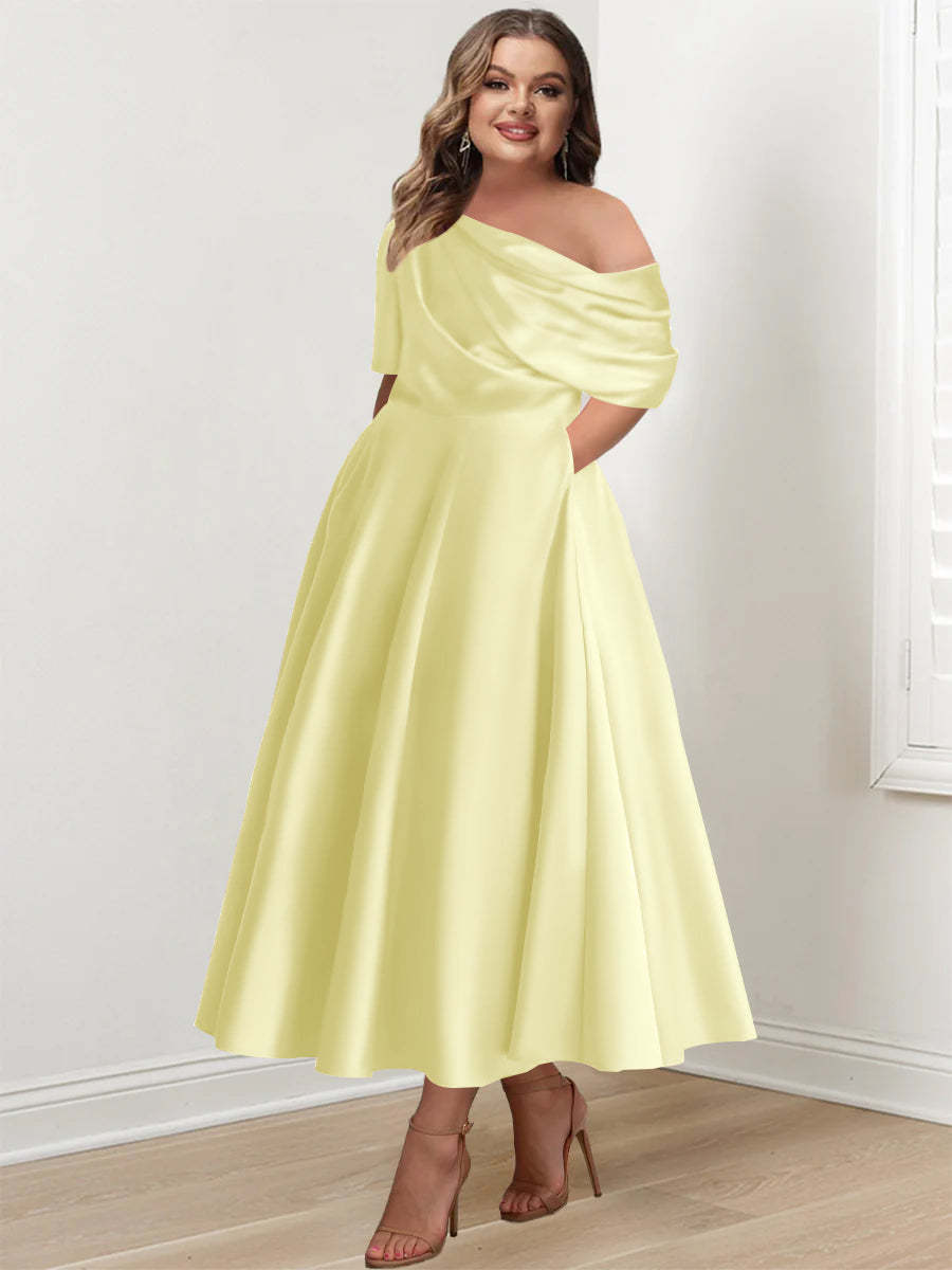 Plus Size A-Line Princess Ankle-Length One-Shoulder Mother of the Bride Dress with Ruffles and Half Sleeves
