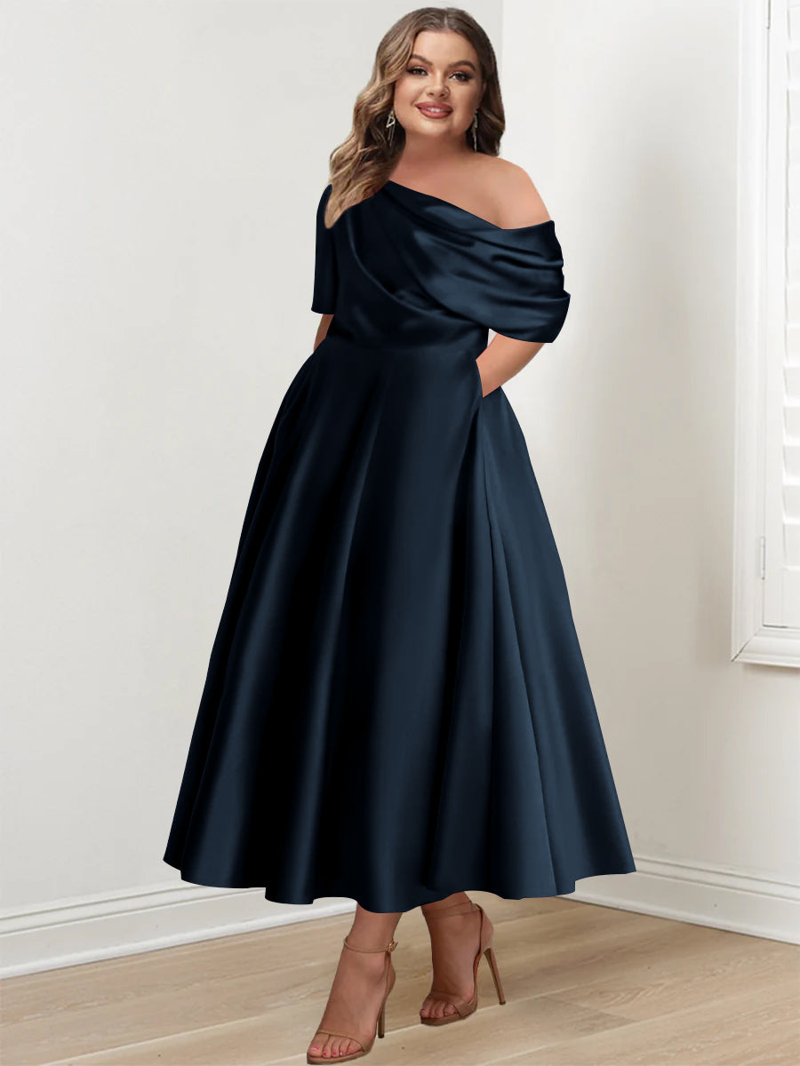 Plus Size A-Line Princess Ankle-Length One-Shoulder Mother of the Bride Dress with Ruffles and Half Sleeves