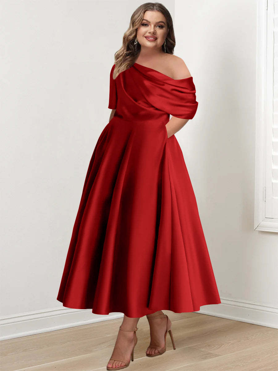 Plus Size A-Line Princess Ankle-Length One-Shoulder Mother of the Bride Dress with Ruffles and Half Sleeves