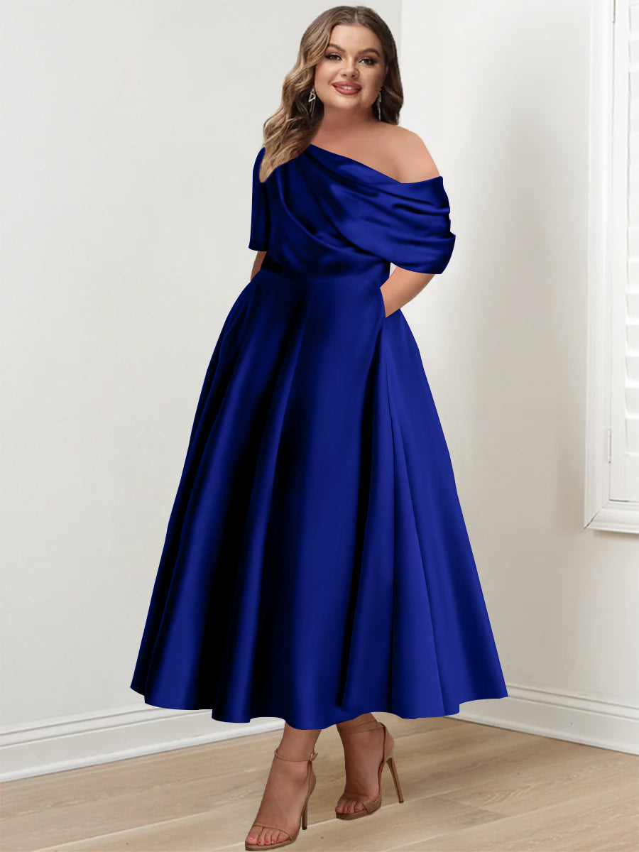 Plus Size A-Line Princess Ankle-Length One-Shoulder Mother of the Bride Dress with Ruffles and Half Sleeves
