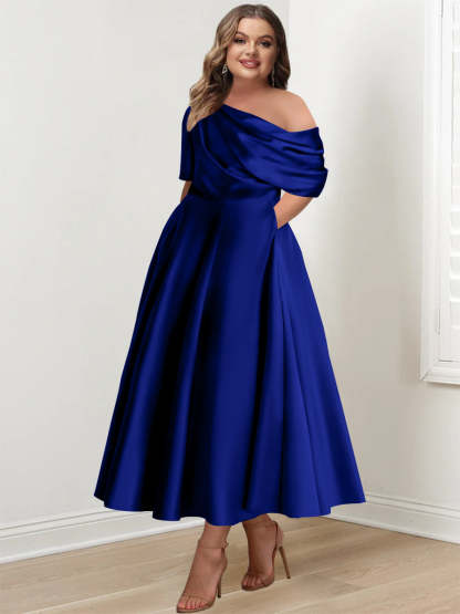 Plus Size A-Line Princess Ankle-Length One-Shoulder Mother of the Bride Dress with Ruffles and Half Sleeves