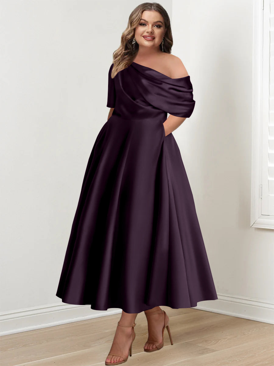 Plus Size A-Line Princess Ankle-Length One-Shoulder Mother of the Bride Dress with Ruffles and Half Sleeves
