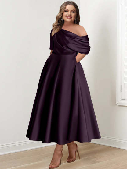Plus Size A-Line Princess Ankle-Length One-Shoulder Mother of the Bride Dress with Ruffles and Half Sleeves