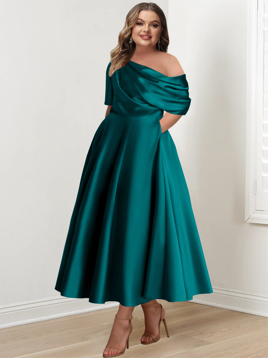 Plus Size A-Line Princess Ankle-Length One-Shoulder Mother of the Bride Dress with Ruffles and Half Sleeves