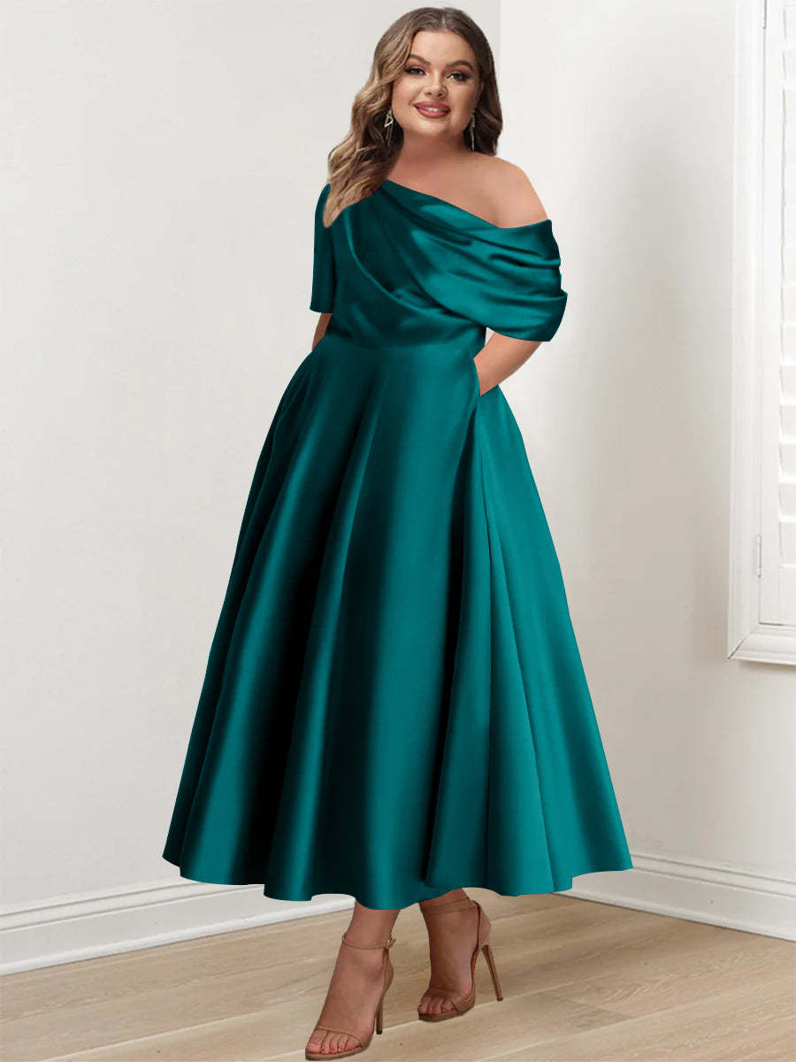 Plus Size A-Line Princess Ankle-Length One-Shoulder Mother of the Bride Dress with Ruffles and Half Sleeves
