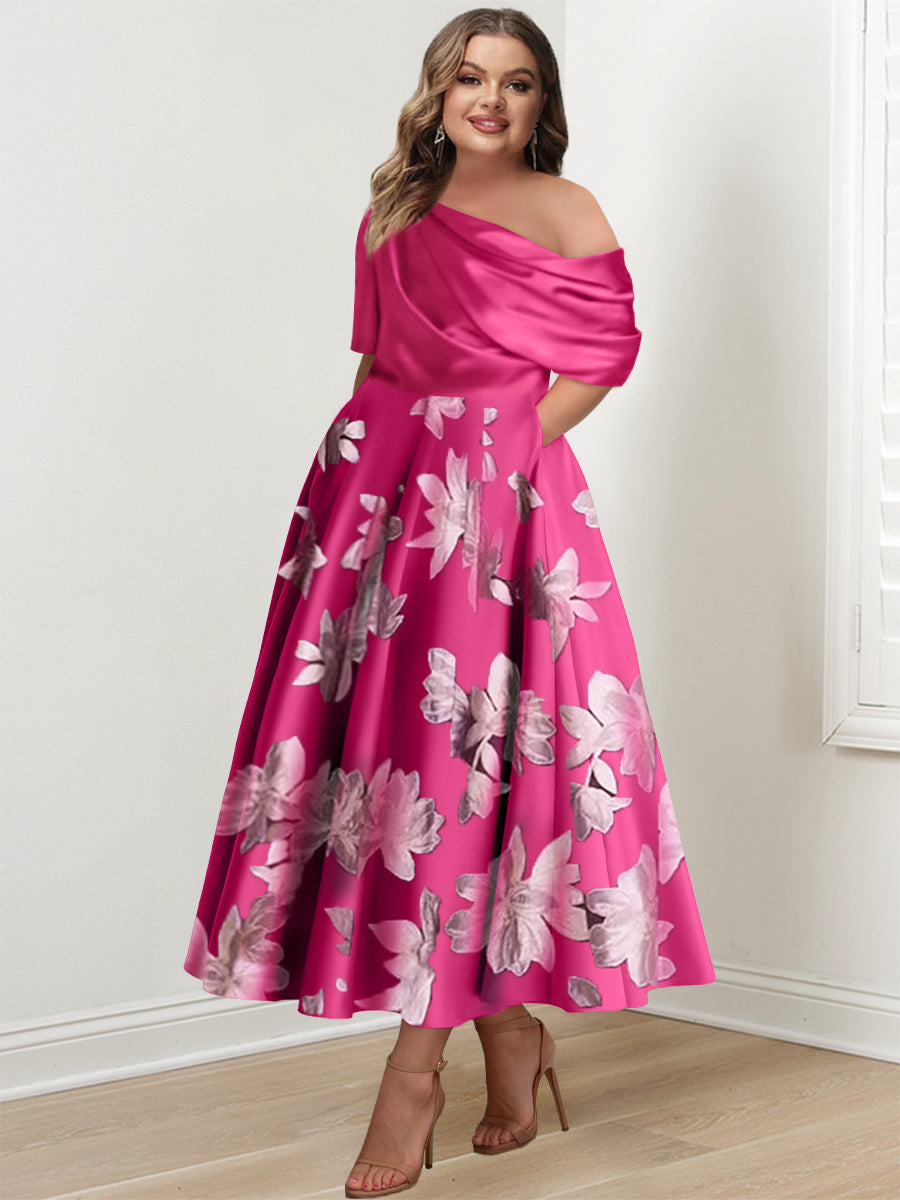 Printed Flower Plus Size Mother of the Bride A-Line Princess One-Shoulder Dress