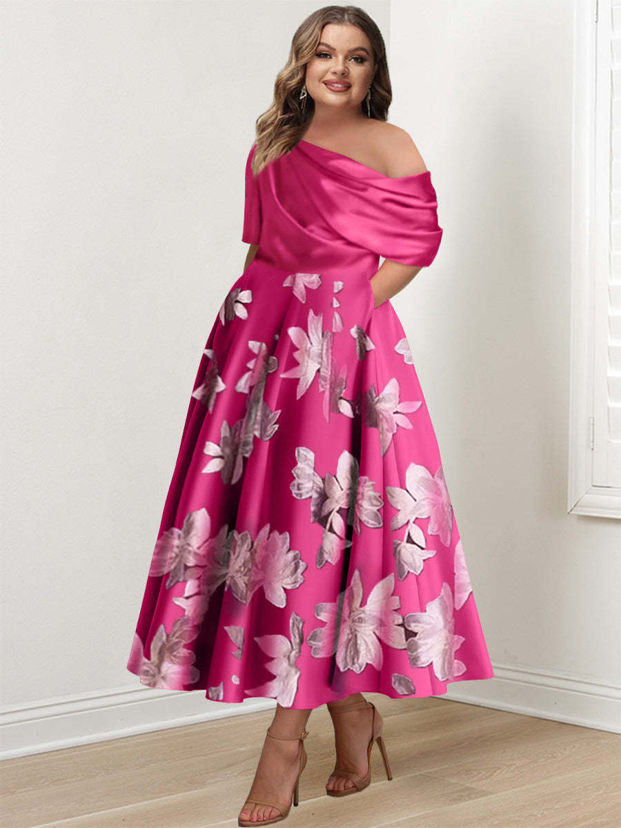 Printed Flower Plus Size Mother of the Bride A-Line Princess One-Shoulder Dress