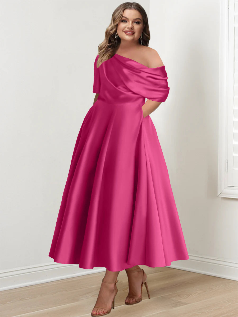 Plus Size A-Line Princess Ankle-Length One-Shoulder Mother of the Bride Dress with Ruffles and Half Sleeves