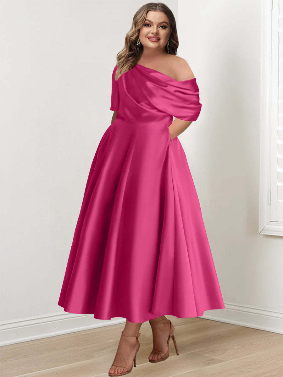 Plus Size A-Line Princess Ankle-Length One-Shoulder Mother of the Bride Dress with Ruffles and Half Sleeves