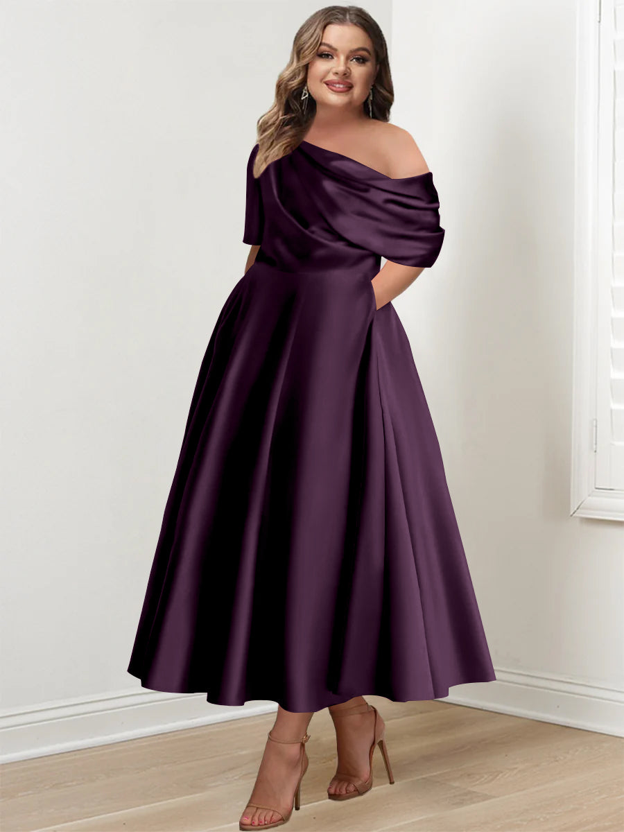 Plus Size A-Line Princess Ankle-Length One-Shoulder Mother of the Bride Dress with Ruffles and Half Sleeves